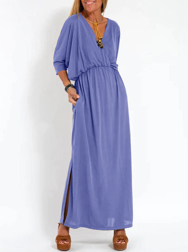 Women's Casual Solid Color V Neck Slit Dress Blue