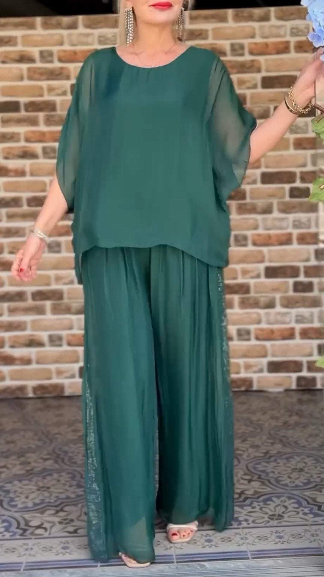 Chiffon Sequined Top + Trousers Two-piece Set Green