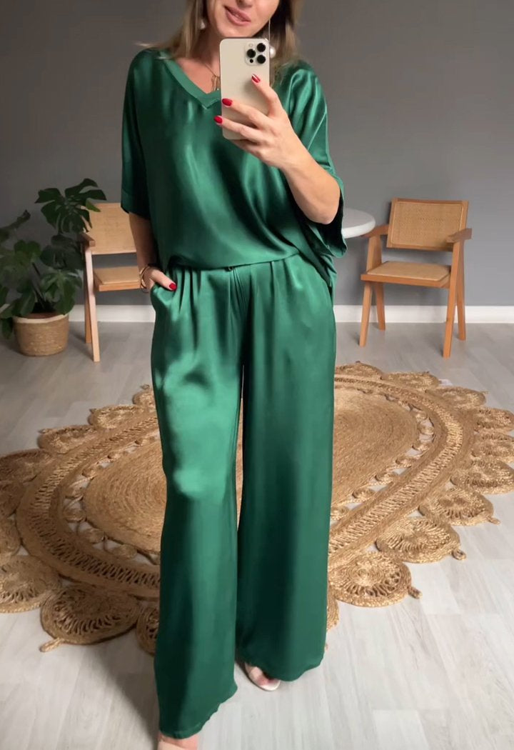 V-neck Satin Two-piece Suit green