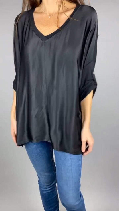 V-neck Casual Satin Mid-sleeve Top black