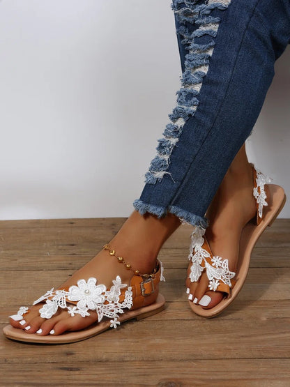 Pure White Flowers New Large Bohemian Flat Sandals