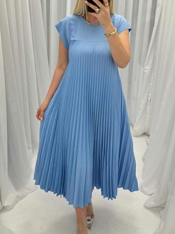 Round Neck Pleated Cap Sleeve Dress blue