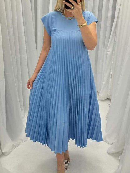 Round Neck Pleated Cap Sleeve Dress blue