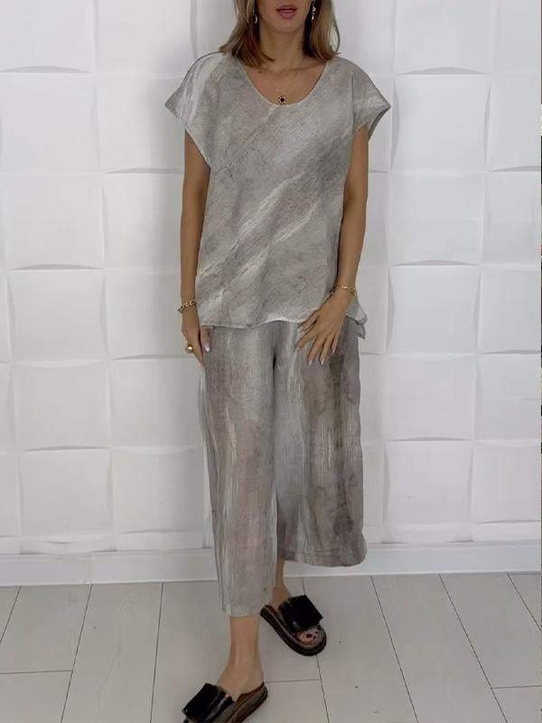 Tie-dyed Cotton and Linen Two-piece Set Gray