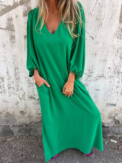 V-neck Long Dress green