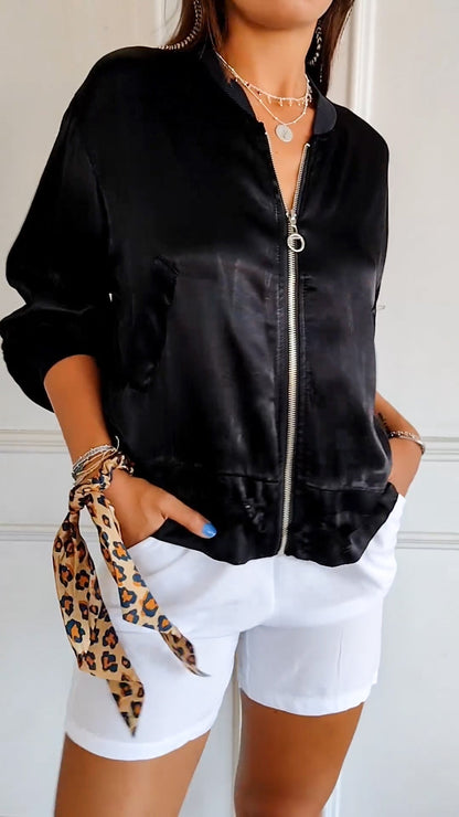 Crew Neck Zipped Satin Cropped Jacket black