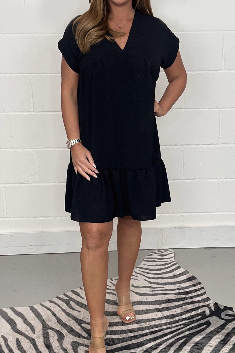 V-neck rolled sleeve dress Black