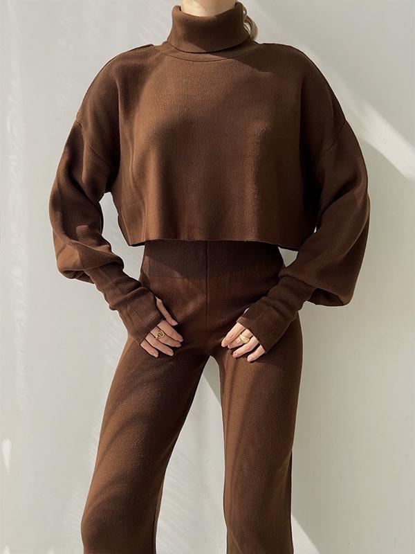 Casual Hoodie with High Neck, Loose Long-sleeved Trousers and Two-piece Set Brown