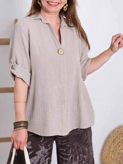 Women's Lapel Solid Color Cotton and Linen Top