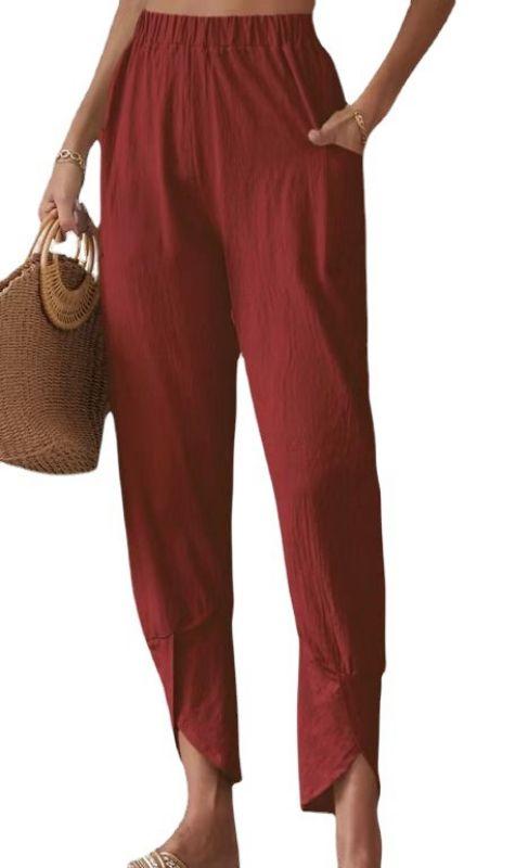 Solid color casual leg pants loose pocket cotton and linen leg pants Red