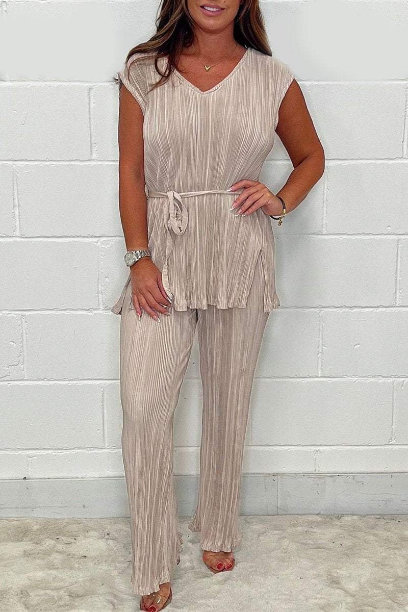 Pleated fabric top and pants suit Light khaki