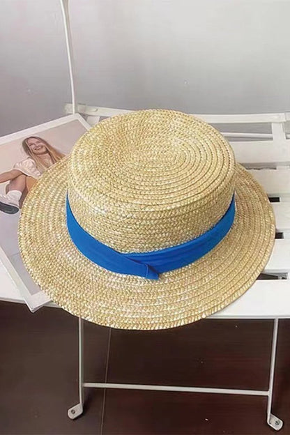 Flat top woven straw hat Blue One size