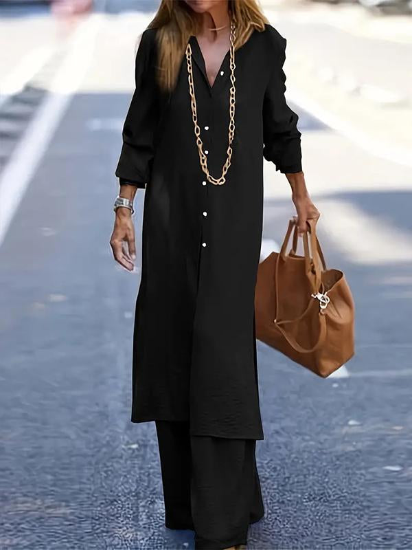 Casual Shirt and Long Sleeve Pant Suit Black