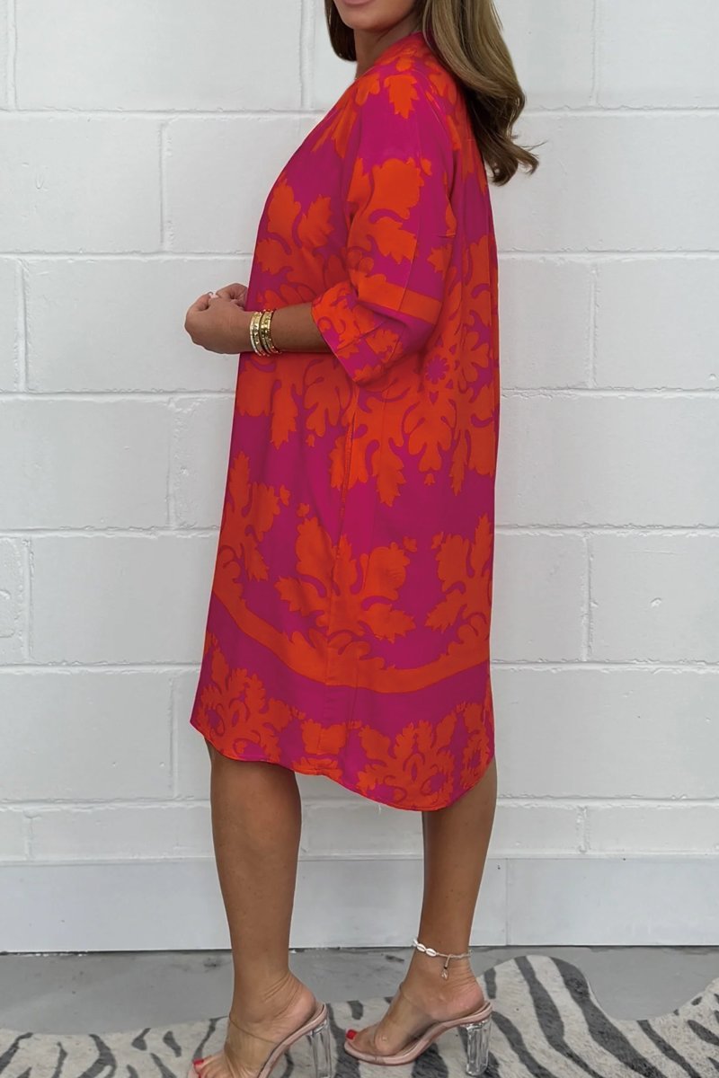 Women's V neck patterned tunic long sleeve dress