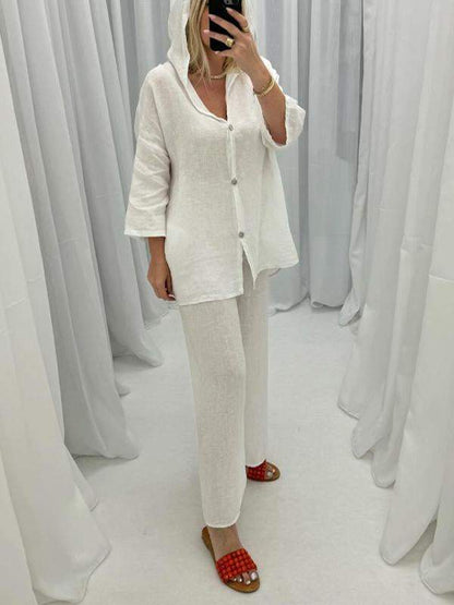 Casual V-neck Hooded Cotton and Linen Suit