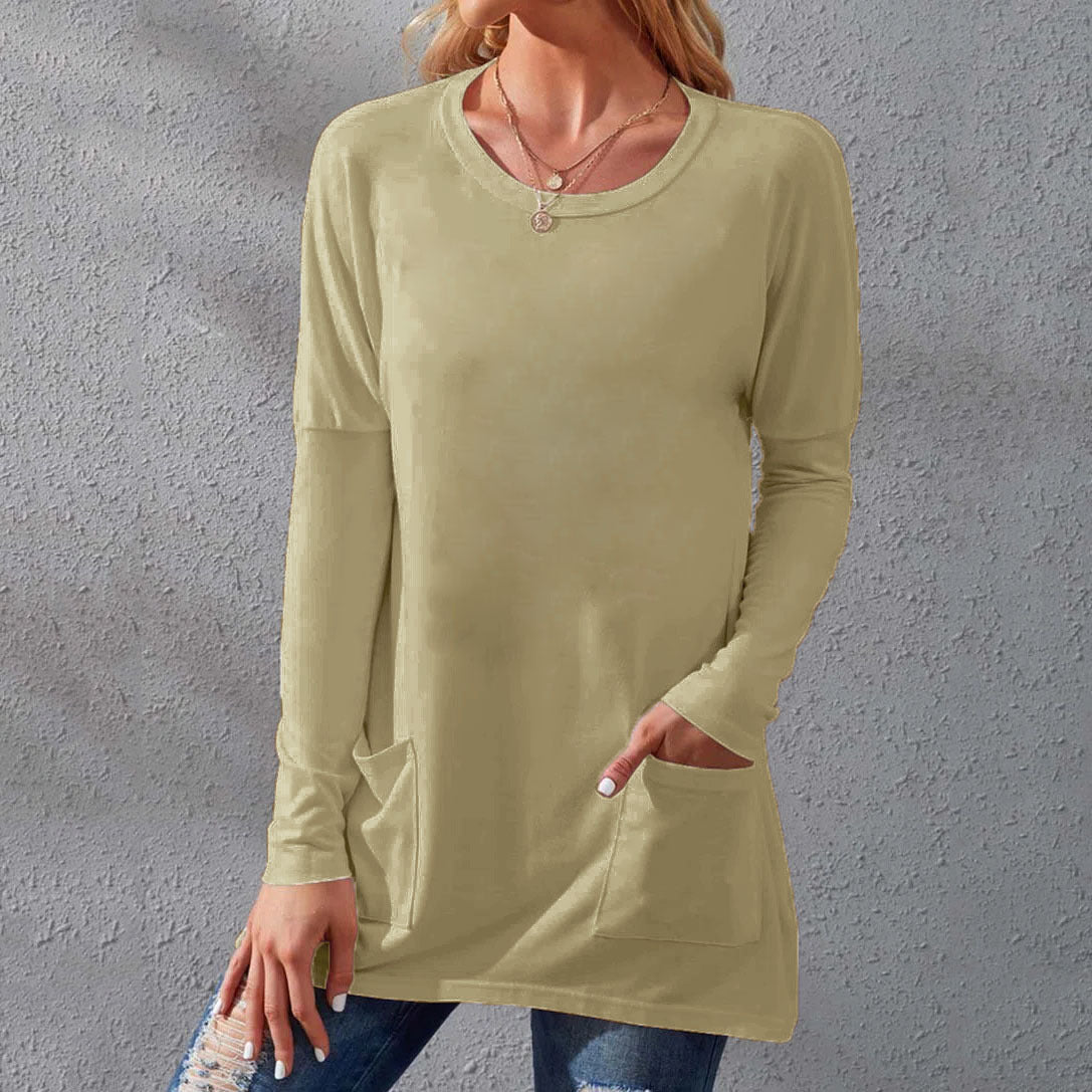 Round neck long sleeves loose pockets solid color T-shirt Khaki