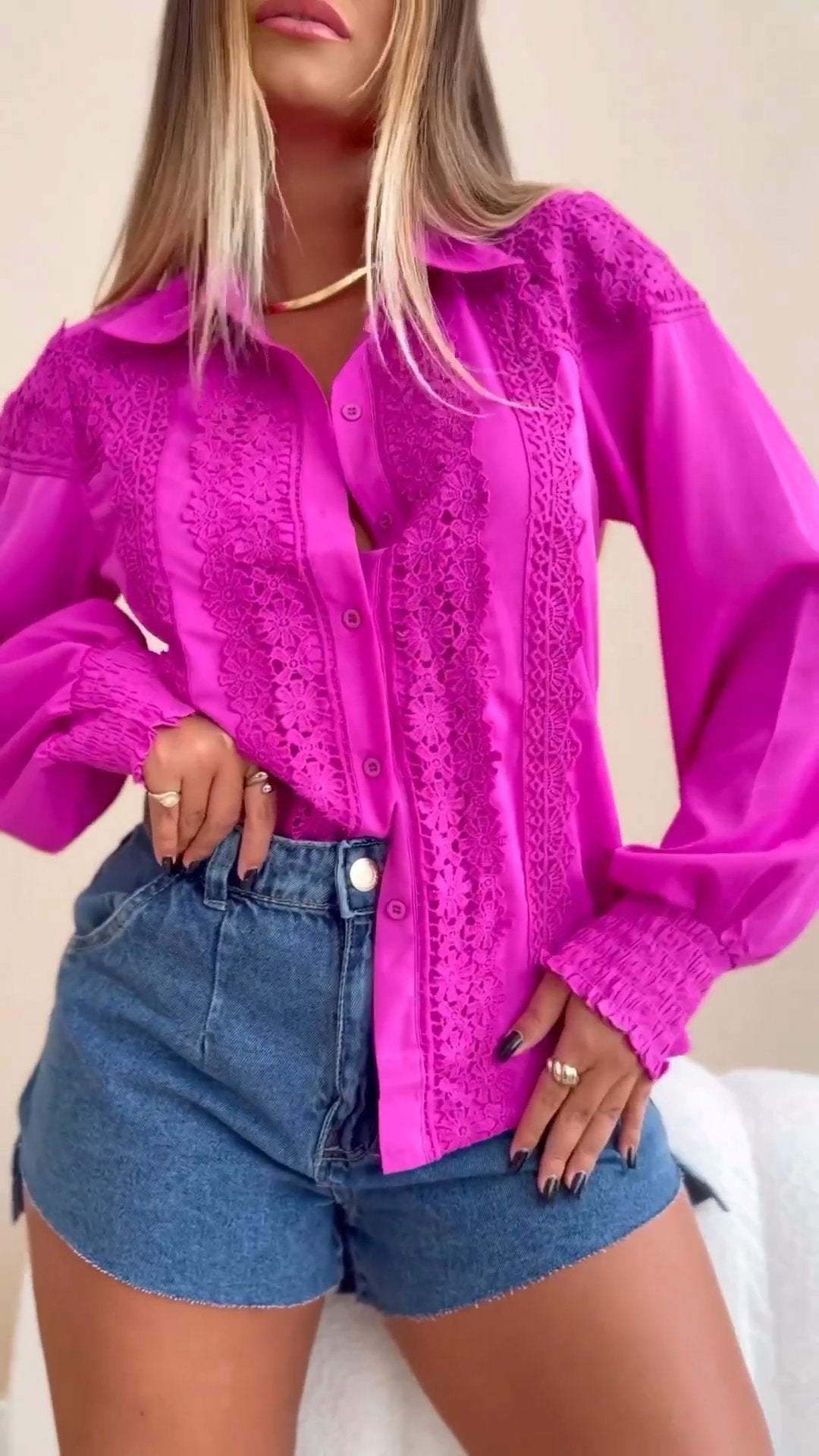 Ladies Lapel Long Sleeve Lace Stitching Shirt