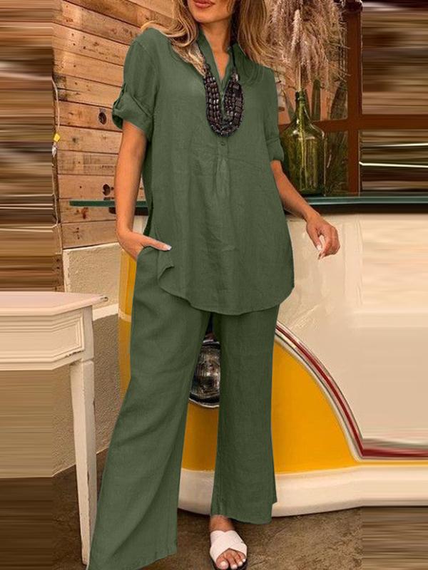 Solid Color Short-sleeved V-neck Top and Straight-leg Wide-leg Pant Suit Green