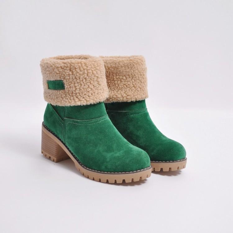 Snowshoes Padded Chunky Heels Thick Soles Lambskin Women's Shoes green