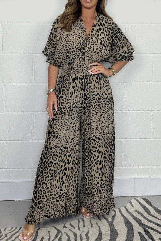 Leopard print casual loose jumpsuit Camel