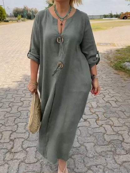 Casual V-neck Cotton and Linen Dress Dark green