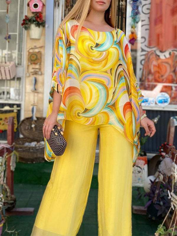 Women Colorful Chiffon Set Summer Casual Crew Neck Printed Two Piece Suit Yellow