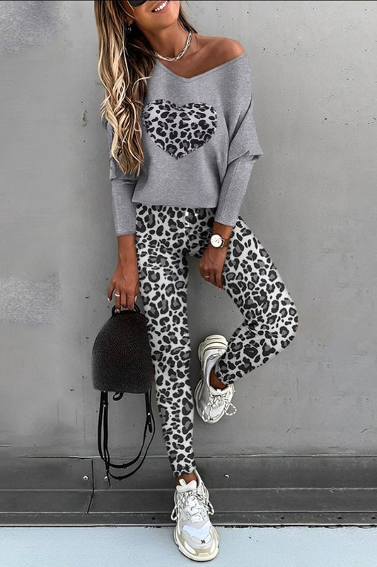 Casual Leopard print Long Sleeve Tops and Trousers Suit Grey