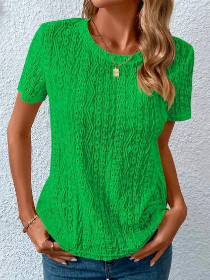 Loose Casual Crew Neck Solid Eyelet Embroidery Round Neck Tee Green