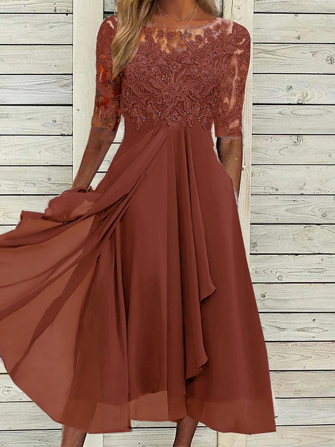 Round Neck Lace Swing Elegant Occasion Formal Wedding Guest Midi Prom Dress Caramel