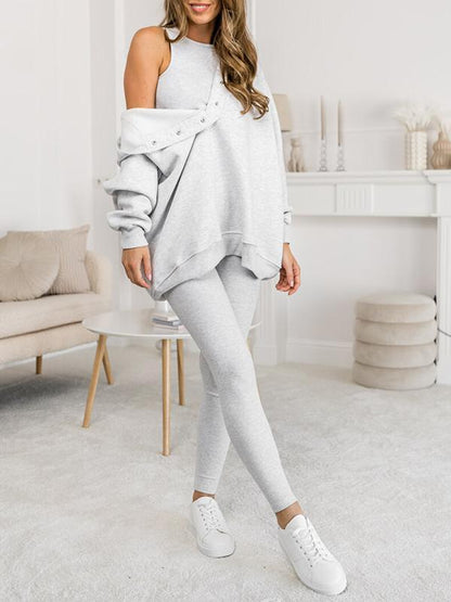 (S-5XL) Plus Size Hooded Casual and Comfortable Sweatshirt Three-piece Suit light gray Sweater + Vest + Pants