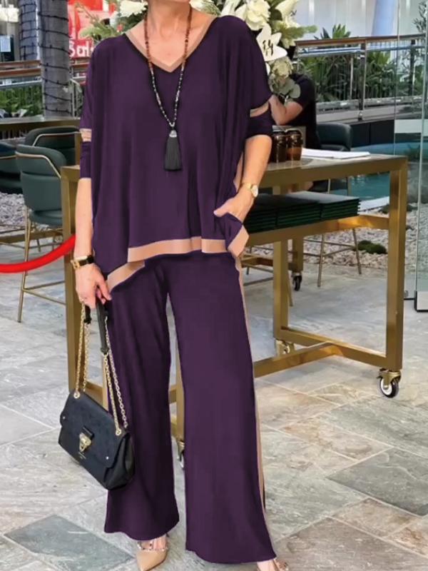 Summer V-neck patchwork 3/4 sleeve two-piece suit Purple