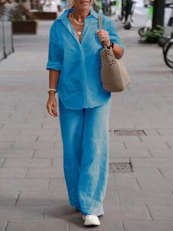 Lapel Long Sleeve Shirt Pants Wide Leg Suit blue