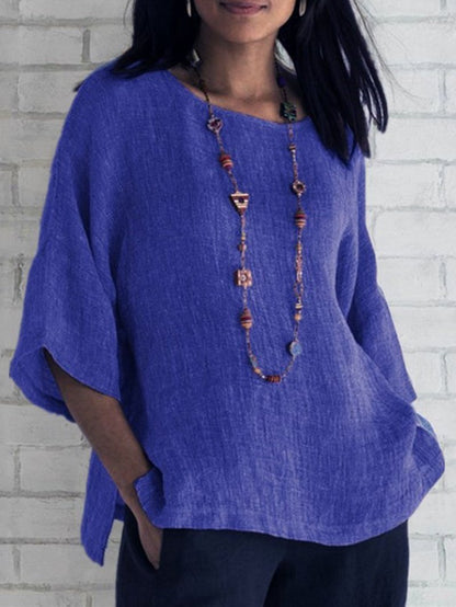 Fashion women's sleeve round neck cotton linen shirt blue