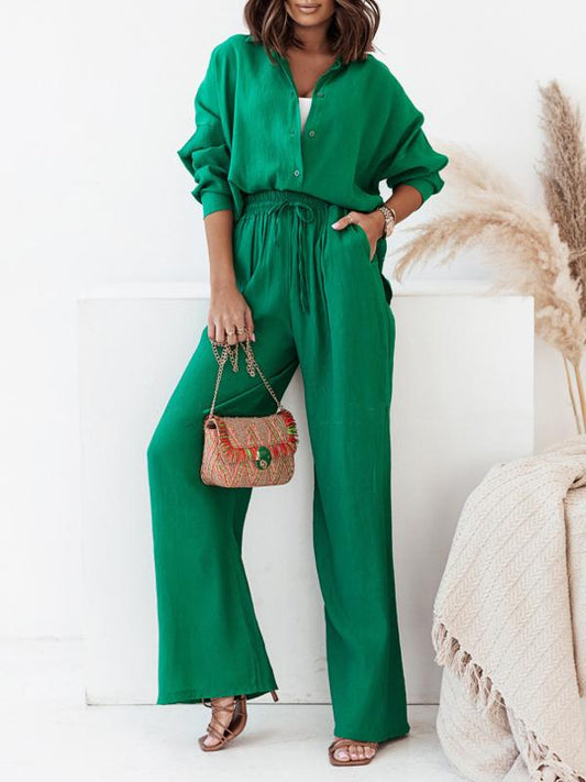 Loose Elastic Wrinkled Long-sleeved Shirt Wide-leg Pants Suit for Women green