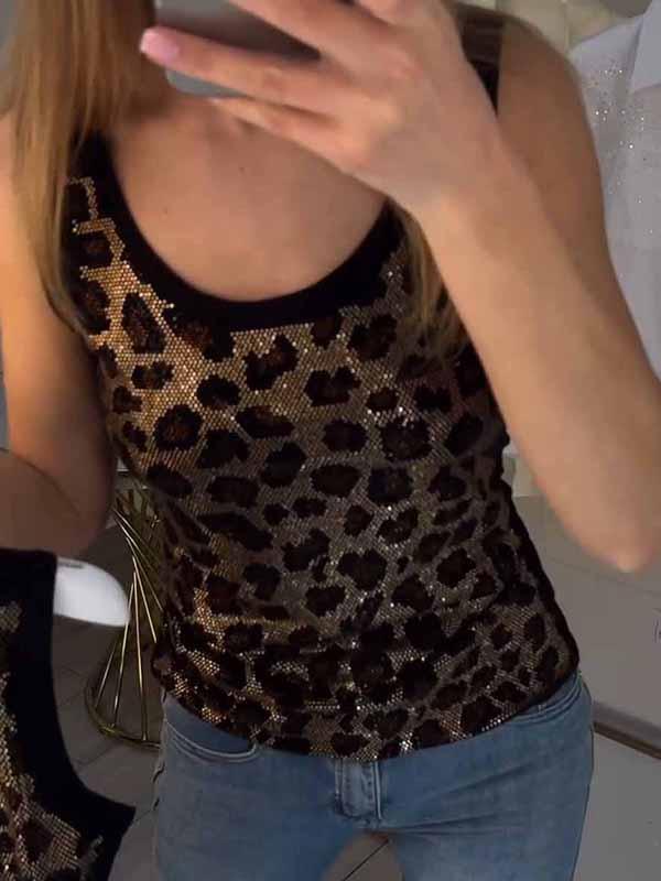 Women's Round Neck Leopard Print Sequined Top