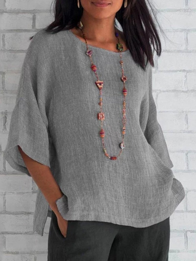 Fashion women's sleeve round neck cotton linen shirt grey