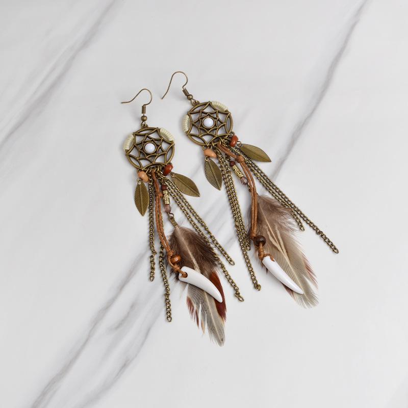 Vintage Dream Catcher Metal Leaf Feather Earrings