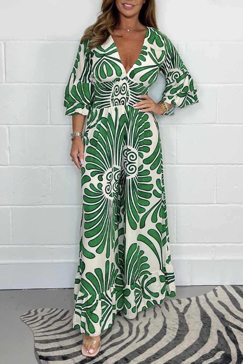 V-neck gathered jumpsuit Green