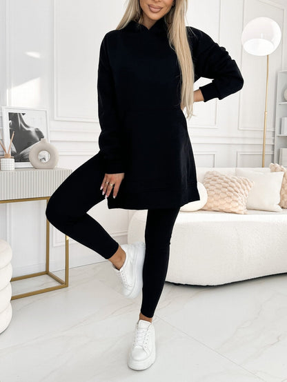 (S-5XL) Plus Size Women's Fashion Solid Color Hoodie and Lined Leggings two-piece set TOP+PANTS Black