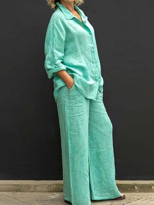 Commuting style shirt top trouser leg pants suit Green