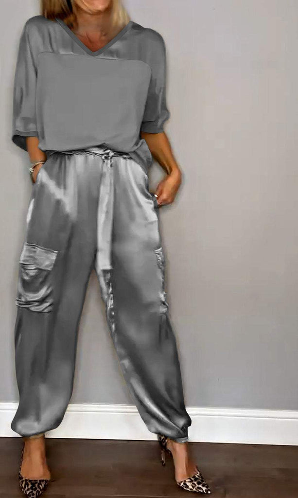 Women's Smooth Satin Half-sleeved Top and Pant Suit Two-piece Grey V neck set