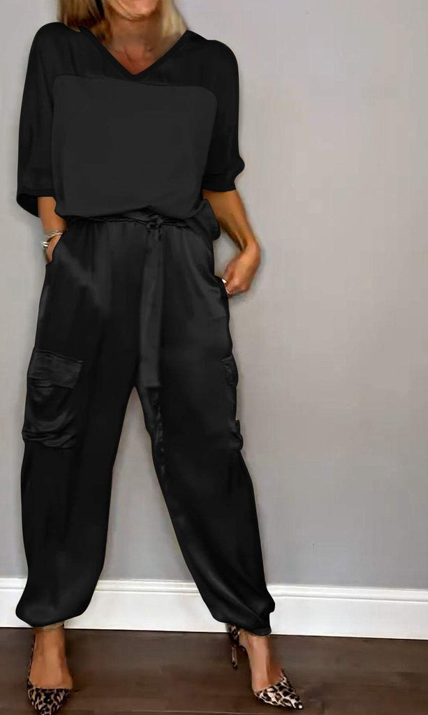 Women's Smooth Satin Half-sleeved Top and Pant Suit Two-piece Black V neck set