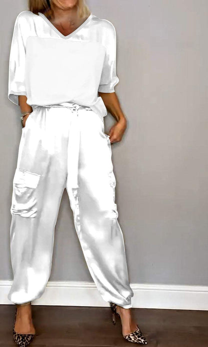 Women's Smooth Satin Half-sleeved Top and Pant Suit Two-piece White V neck set