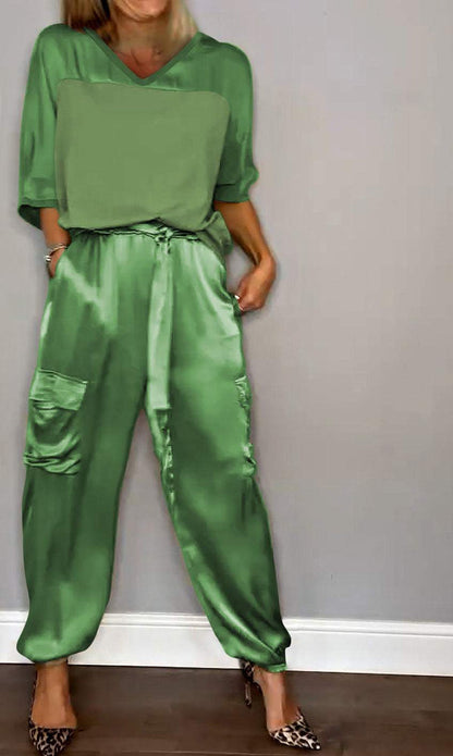 Women's Smooth Satin Half-sleeved Top and Pant Suit Two-piece Green V neck set