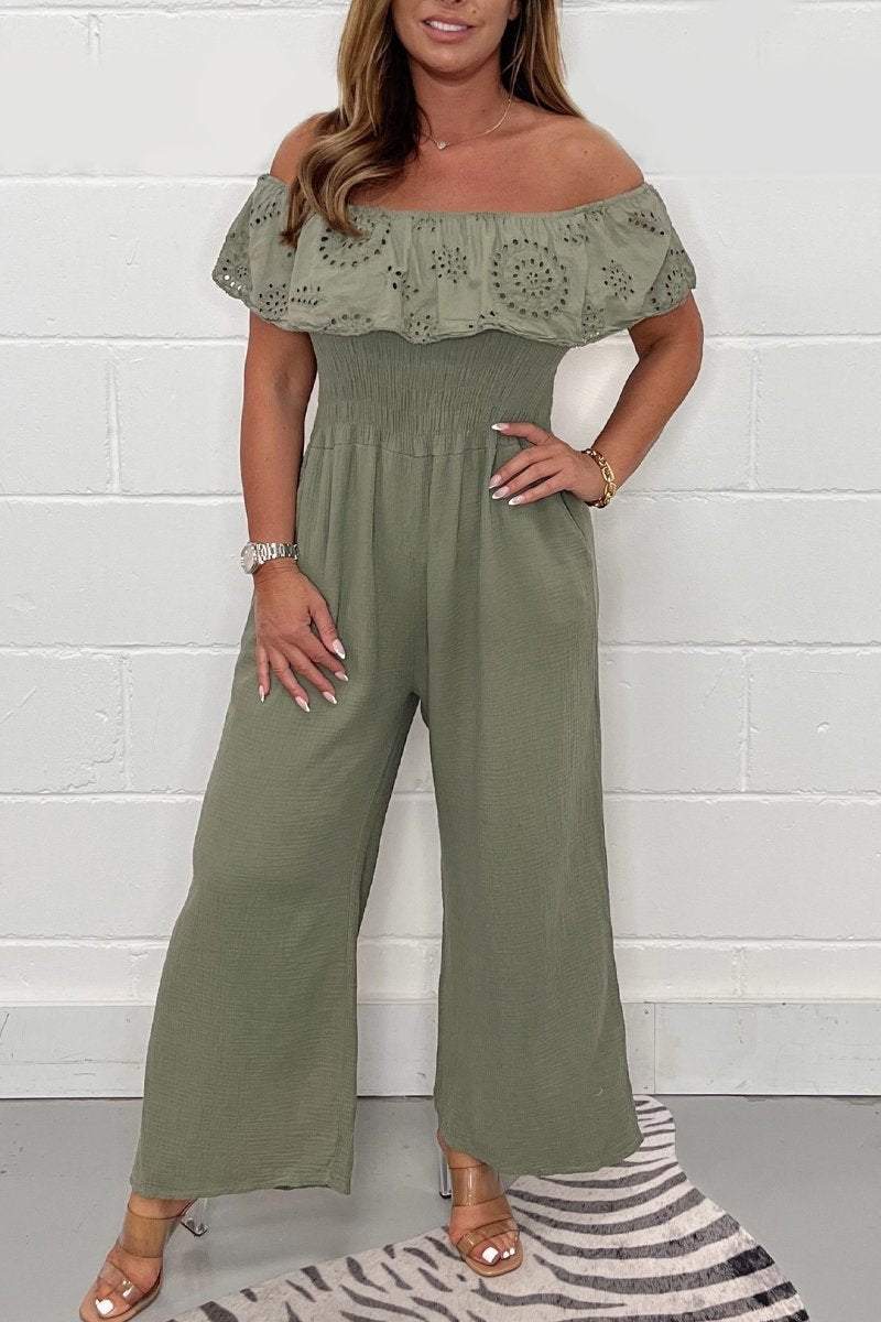 Solid color lace jumpsuit Army green