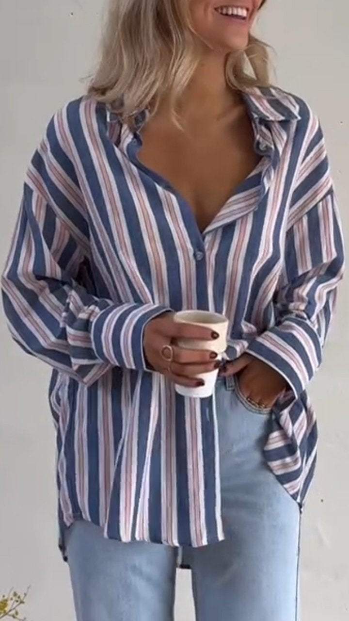 Ladies Lapel Striped Long Sleeve Shirt