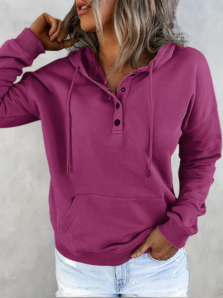 Hotouch Solid Button Front Hoodie with Pocket rose Red