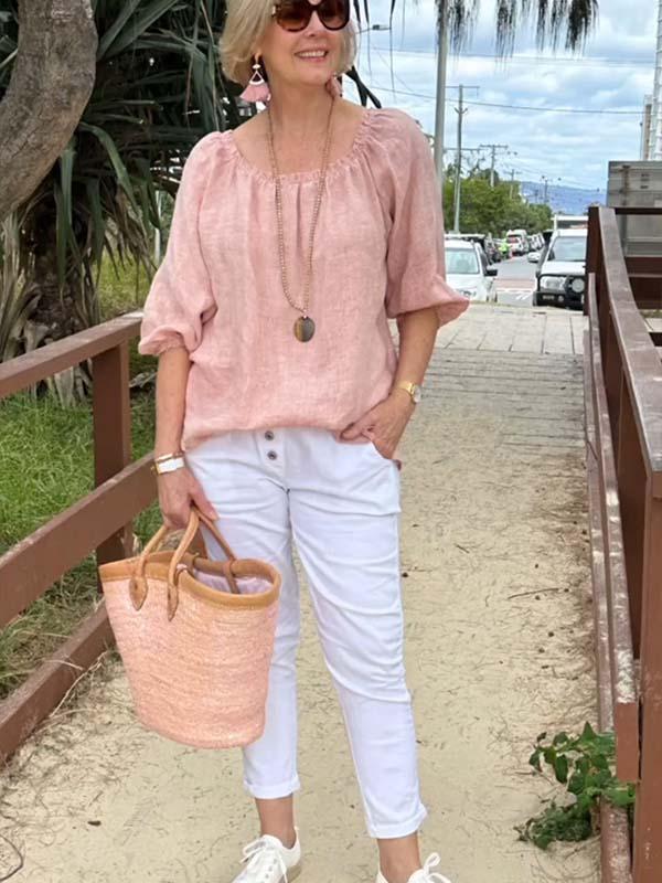 Women's elastic ruffled cotton and linen long-sleeved shirt Pink