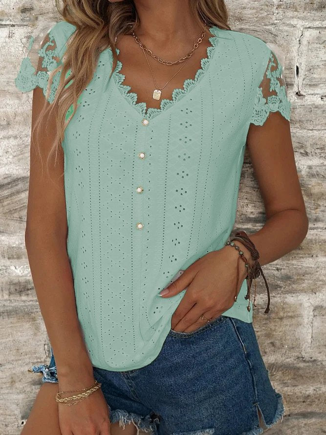 Casual V Neck Linen Lace Breathable T-Shirt Buttoned White Casual T-Shirt Green