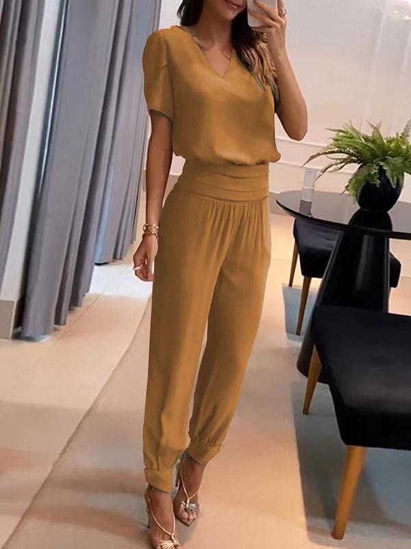 Fashion Casual V-neck Printed Short-sleeved Pant Suit Two-piece Earthy yellow